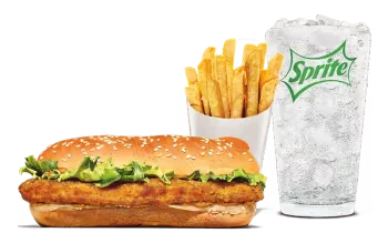 Spicy Original Chicken Sandwich with a golden breaded spicy chicken fillet, fresh lettuce, tomato slices, and creamy spicy mayo on a toasted sesame seed bun.